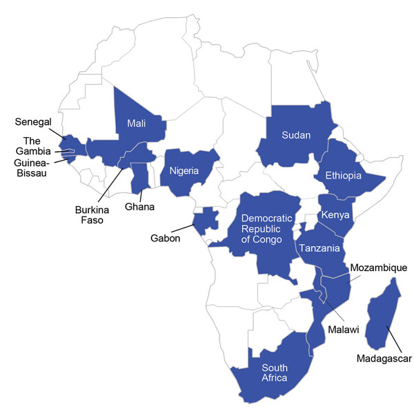 Countries from which bacteremia data were presented at the Invasive Salmonella in Africa Consensus Meeting 2014 in Blantyre, Malawi (blue shading). 