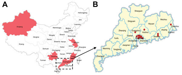 Distribution of influenza A(H7N9) viruses, Guangdong Province, China. A) Shading indicates locations where viruses were isolated from patients during the third wave of the virus mapped according to data from the World Health Organization as of March 1, 2015. B) Circles indicate locations where influenza A(H7N9) viruses were isolated from poultry in Guangdong Province, China, during 2014−2015 (this study).