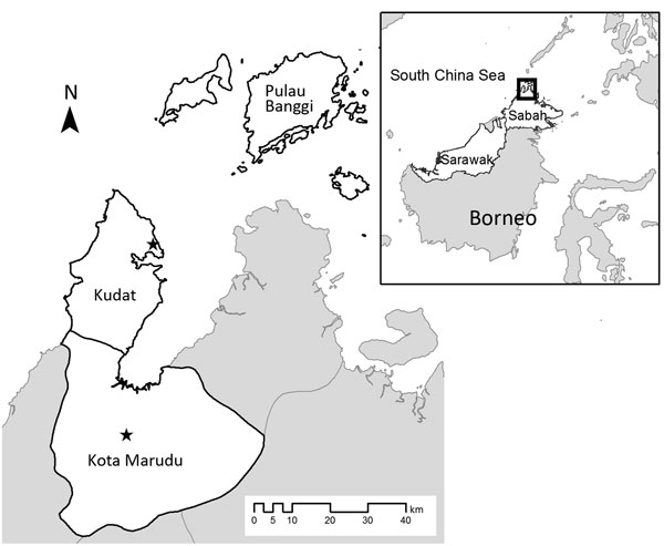 Location of Kudat and Kota Marudu districts in Sabah, Malaysia, where study of association of landscape and environmental factors and incidence of Plasmodium knowlesi transmission was conducted. Stars indicate location of the district hospitals. Inset shows location of these districts on the island of Borneo (box).