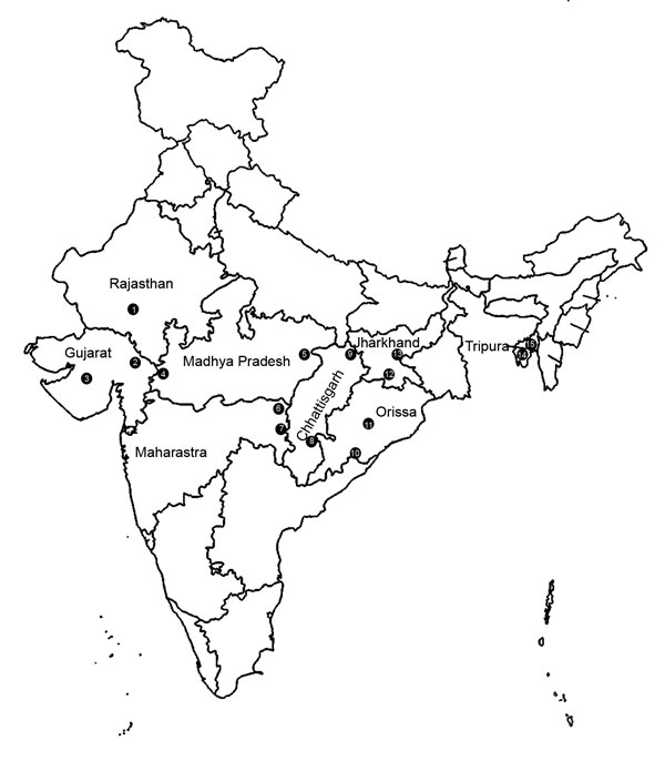 Fifteen community health centers in 8 states in India to which malaria is endemic. 1, Udaipur; 2, Dahod; 3, Valsad; 4, Jhabua; 5, Annupur; 6, Gondia; 7, Gadchiroli; 8, Jagdalpur; 9, Baikunthpur; 10, Koraput; 11, Rayagada; 12, Jaldega; 13, Bano; 14, Manu Bazar; 15, Shantir Bazar.
