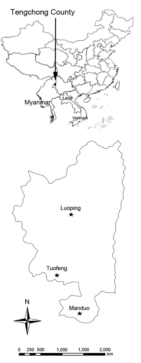 Location of 3 villages in Tengchong County, Yunnan Province, China, in which study of transmission risk from imported Plasmodium vivax malaria was conducted. Inset shows location of Tengchong County along the China–Myanmar border.