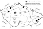 Thumbnail of Distribution of human alveolar echinococcosis (AE) in the Czech Republic during 2007–2014, according to the site of residence of 20 case-patients, including their travel history. Asterisks (*) indicate AE cases already published (6,7). Six patients reported no travel outside the country; 2 patients were born in Slovakia and lived in the Czech Republic for 5 and 14 years before the time of initial AE diagnosis; the remaining patients traveled from the Czech Republic to various countr