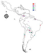 Thumbnail of Geographic distribution of TcII, TcIII, TcV, and TcVI Trypanosoma cruzi clones, South America, 2002–2010. A total of 57 T. cruzi biologic clones were assembled for analysis. Of these, 24 were isolated from humans; triatomine vectors (Panstrongylus geniculatus, Rhodnius prolixus, and Triatoma venosa insects); and sylvatic mammalian hosts (Dasypus spp. armadillos) in Antioquia, Boyaca, and Casanare Departments in northern Columbia. The remaining 33 were reference clones derived from a
