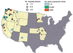 Thumbnail of Number of highly pathogenic avian influenza A H5 virus–infected birds and minimum number of exposed persons by state and county, United States, December 15, 2014–March 31, 2015. Yellow indicates states in which outbreaks occurred.