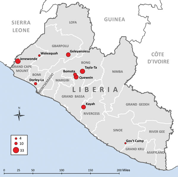 Communities in remote rural areas where Ebola virus disease outbreaks occurred, Liberia, August–December 2014. Size of red dot indicates number of cases.