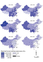 Thumbnail of Provincial distribution of probable and confirmed human anthrax cases, China, 1955–2014.