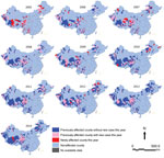 Thumbnail of Geographic distribution of counties affected by probable and confirmed human anthrax, China, 2005–2014.