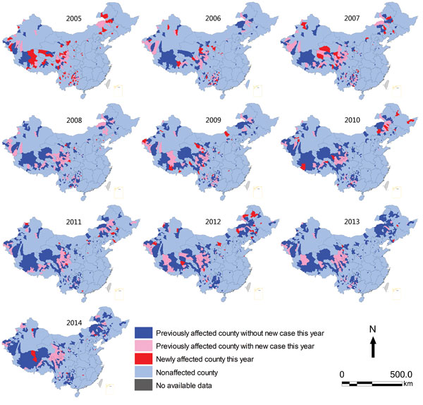 Geographic distribution of counties affected by probable and confirmed human anthrax, China, 2005–2014.