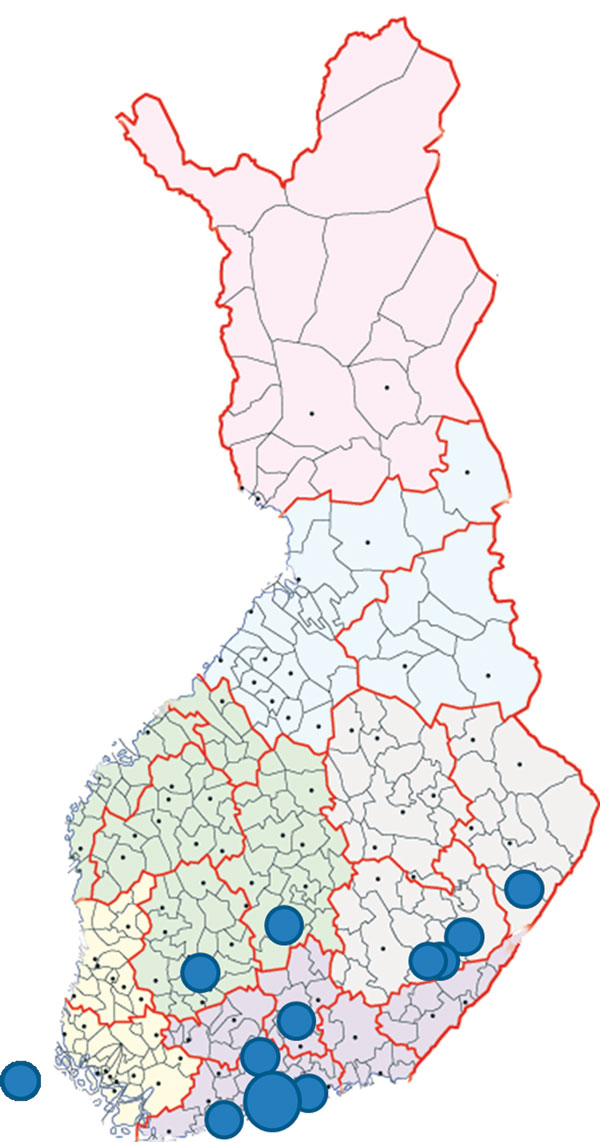 Locations of residence for 17 patients who were IgM positive for California serogroup virus infections, Finland. Each dot represents 1 patient except for the largest dot in southern Finland, which indicates a site for 6 patients. The dot on the far left indicates a patient from Åland Islands, Finland. Map source: National Land Survey of Finland (© 2015). 
