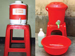 Thumbnail of Cholera-Hospital-Based-Intervention-for-7-Days (CHoBI7) Intervention hardware, Dhaka, Bangladesh, June 2013–November 2014. The kit contained a water vessel with cover, chlorine tablets, hand washing station, and bottle of soapy water.