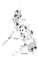 Thumbnail of Geographic distribution of CHIKV genotypes in the Philippines. The location of samples collected in this study are indicated by circles; 1 circle represents 1 sample. Black circles indicate Asian genotype; white (open) circles indicate East/Central/South African genotype. CHIKV, chikungunya virus.