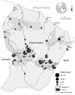Thumbnail of Geographic distribution of presumed places of exposure for 742 single-infection Plasmodium vivax (586) and P. falciparum (156) malaria cases reported among French Armed Forces in French Guiana, 2008–2014. Numbers on map show illegal gold mining sites where entomologic investigations were conducted; 1 indicates Eau Claire; 2 indicates Dagobert.