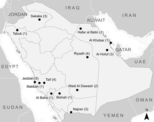 City or governorate of residence of persons with primary Middle East respiratory syndrome coronavirus included in the study, Saudi Arabia, March 16–November 13, 2014.