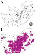 Thumbnail of Historic sites of Rift Valley fever (RVF) outbreaks in South Africa from 1950 through 2011 (A) and a base map indicating areas at low, moderate, and high risk for an outbreak (B). Each dot in panel A represents a RVF outbreak. The base map in panel B was created by an interpolation method based on the distance from historic sites: high risk (&lt;20 km), moderate risk (&gt;20 km to &lt;40 km), and low risk (&gt;40 km).