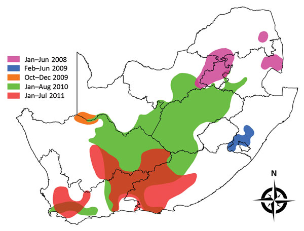 Five regions in South Africa where Rift Valley fever outbreaks occurred during the epidemics of 2008–2011. Regions are grouped, by color, according to their temporal history of outbreaks.