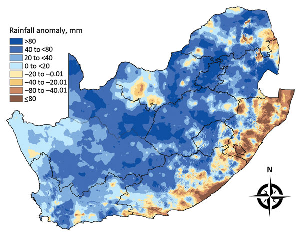 Mean seasonal rainfall anomalies for 4 consecutive seasons (November–March) in South Africa, 2007–2011. The anomalies were computed as deviations from the seasonal long-term mean for 1985–2011.