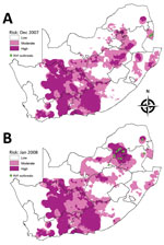 Thumbnail of Risk maps for probability of Rift Valley fever (RVF) outbreaks in different areas of South Africa. A) Map for December 2007 showing subsequent outbreaks in January and February 2008. B) Map for January 2008 showing subsequent outbreaks during March–June 2008.