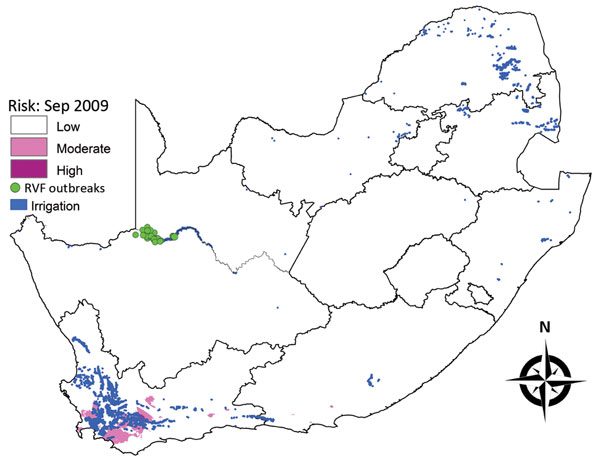 Risk map for probability of Rift Valley fever (RVF) outbreaks in different areas of South Africa. Map for September 2009 indicates irrigation areas and subsequent outbreaks during October–December 2009.