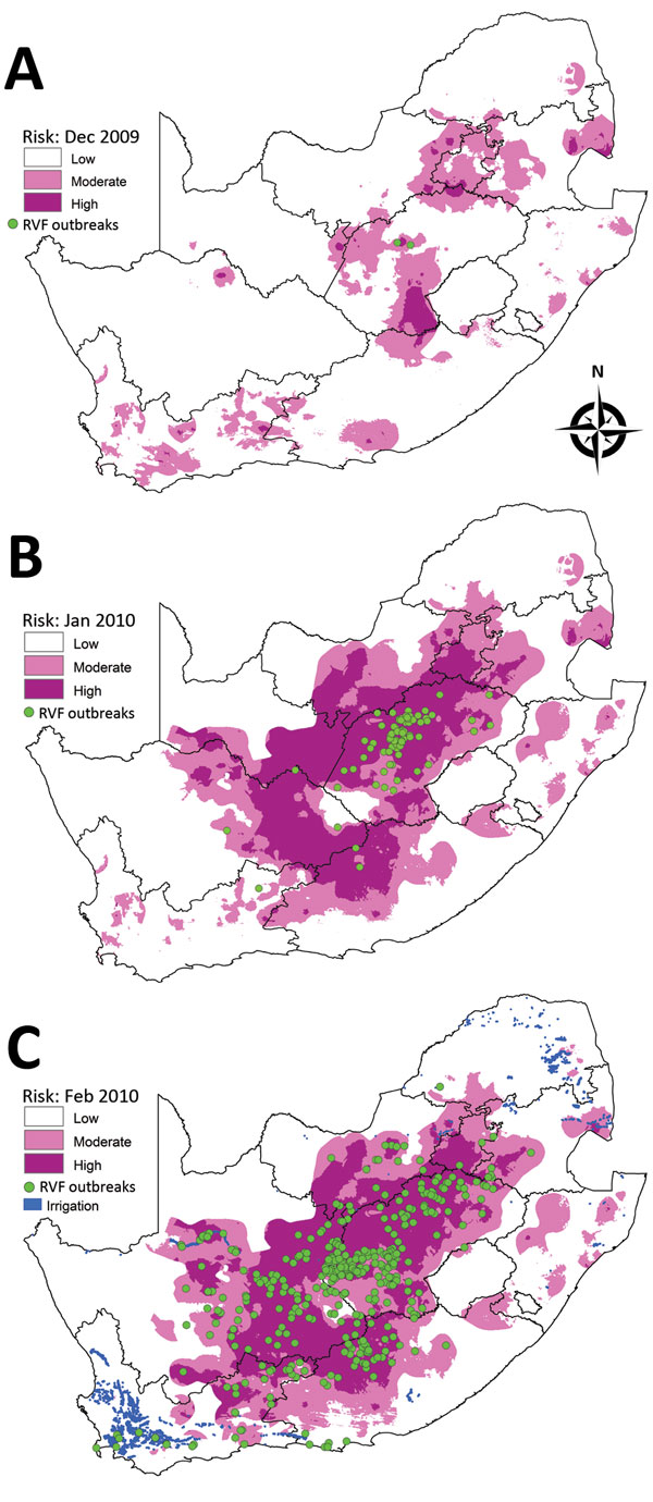 Risk maps for probability of Rift Valley fever (RVF) outbreaks in different areas of South Africa. A) Map for December 2009 showing subsequent outbreaks in January 2010. B) Map for January 2010 showing subsequent outbreaks in February 2010. C) Map for February 2010 indicating irrigation areas and subsequent outbreaks during March–June 2010.