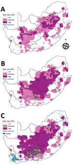 Thumbnail of Risk maps for probability of Rift Valley fever (RVF) outbreaks in different areas of South Africa. A) Map for December 2010 showing subsequent outbreaks in January 2011. B) Map for January 2011 showing subsequent outbreaks in February 2011. C) Map for February 2011 indicating irrigation areas and subsequent outbreaks during March–June 2011.
