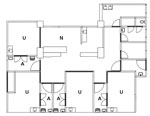Thumbnail of Schematic overview of the isolation department, Major Incident Hospital, University Medical Centre of Utrecht, the Netherlands, 2014. U, isolation unit; N, nursing station; A, access valve.