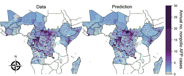 Nonpolio acute flaccid paralysis (AFP) cases in sub-Saharan Africa, 2003–2013. Left, mean annual number of cases reported at the second administrative unit (district) in countries in sub-Saharan Africa that have recently experienced a polio importation or outbreak or are considered to be at high risk for these events. Right, expected annual number of nonpolio acute flaccid paralysis cases reported at the district level; the number was obtained by fitting a spatiotemporal mixed-effects regression