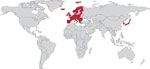 Thumbnail of Global progress on the programmatic use of delamanid (DLM) to treat multidrug-resistant tuberculosis. Red shading indicates countries using DLM under program conditions. Gray indicates countries that have not reported using DLM under program conditions.