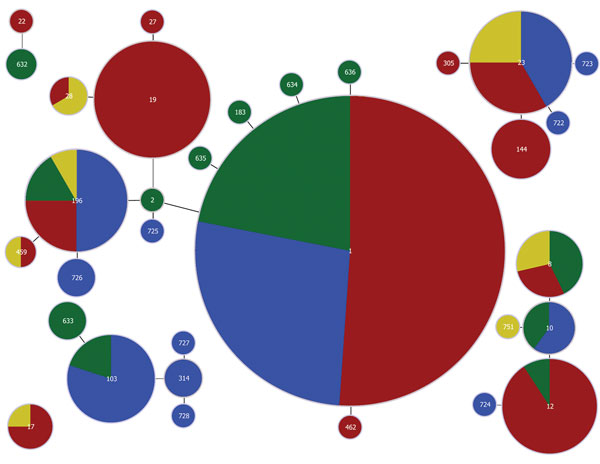 Distribution of host species and countries across clusters of Streptococcus agalactiae sequence types (STs), with clusters including single- and double-locus variants. Each circle represents an ST, with size of the circle and its colored segments proportional to the number and origin of isolates, respectively. Red, human in Finland; yellow, human in Sweden; blue, bovid in Finland; green, bovid in Sweden. STs are indicated by numbers in the circles. Single- and double-locus variants are connected