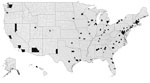 Thumbnail of Counties in the United States with Mycobacterium africanum infections identified among tuberculosis (TB) cases (black) reported during 2004–2013.