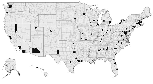 Counties in the United States with Mycobacterium africanum infections identified among tuberculosis (TB) cases (black) reported during 2004–2013.