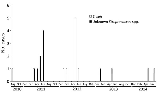Streptococcus suis and other Streptococcus spp. infections identified per month through acute bacterial meningitis surveillance in northern Togo, 2010–2014.