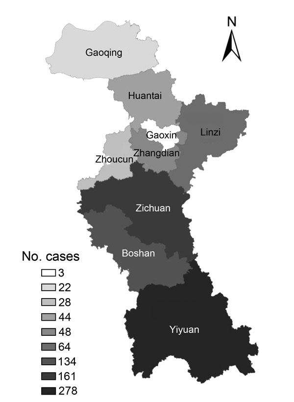 Geographic distribution of cases of hemorrhagic fever with renal syndrome among districts and counties, Zibo City, China, 2006–2014.