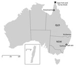 Thumbnail of Bunyavirus collection and FTA card (Whatman, Maidstone, UK) sampling sites in Australia. Virus was collected from sites (open circles) in New South Wales (NSW), Queensland (QLD), and Macquarie Island (inset; 54°30S, 158°57E). Salt Ash is a town near Nelson Bay, NSW. Kowanyama is the site of the Mitchell River Mission, Queensland. FTA card sampling sites from Badu Island in the Torres Strait and Seisia and Bamaga on Cape York Peninsula are shown (star).
