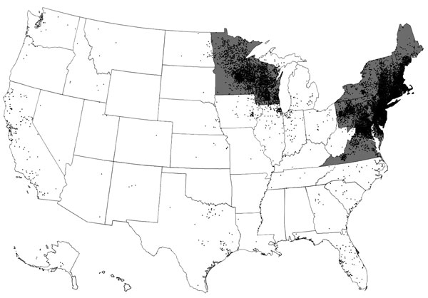 Lyme disease cases (black dots) reported by surveillance, United States, 2005–2010. One dot is placed randomly within the county of residence for each confirmed case. States with the highest incidence of clinician-diagnosed Lyme disease in a large health insurance claims database (gray areas) are also shown. Transmission also occurs in small regions of northern California, Oregon, and Washington. Adapted from (4).