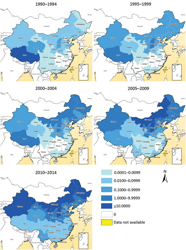 Geographic distribution of the annual incidence rate per 100,000 residents of human brucellosis by 5-year periods, mainland China, 1990–2014.