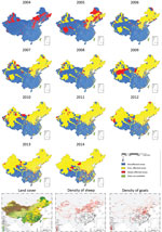 Thumbnail of Geographic expansion of human brucellosis across counties and distribution of land covers (28) and density of sheep and goats (29), mainland China, 2004–2014.