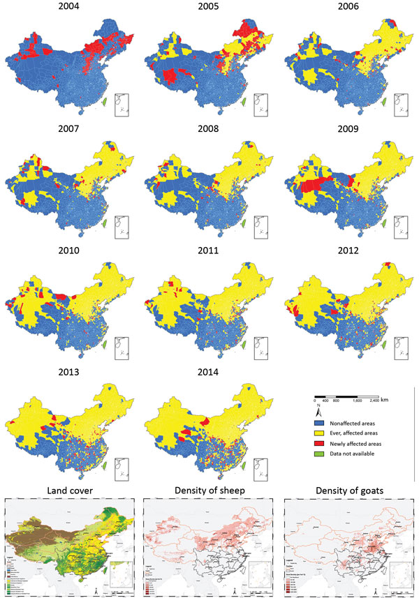 Geographic expansion of human brucellosis across counties and distribution of land covers (28) and density of sheep and goats (29), mainland China, 2004–2014.