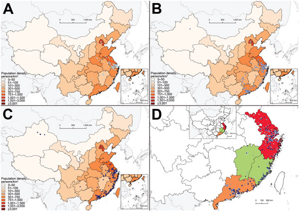 Geographic distribution of human cases of laboratory-confirmed influenza A(H7N9) virus infection, China, 2013–2015. A) Cases detected in wave 1A (white dots) and wave 1B (light blue dots); B) cases detected in wave 2 (medium blue dots); C) cases detected in wave 3 (dark blue dots); D) cases detected in eastern China (red), Jiangxi and Fujian Provinces (green), and Guangdong Province (yellow).