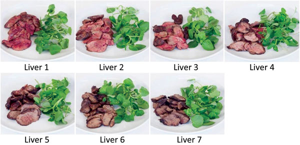 Chicken liver images, in order of cooking time/rareness, used in survey to determine preferences and knowledge of safe cooking practices among chefs and the public, United Kingdom.  