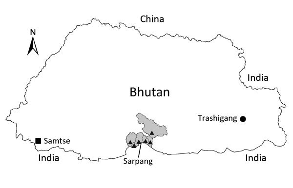 Locations in Bhutan where serum samples were collected from goats (triangles) and cattle (square and circle) and tested for Crimean-Congo hemorrhagic fever virus. The shaded area shows the boundaries of Sarpang district and subdistricts, where samples from goats were collected.