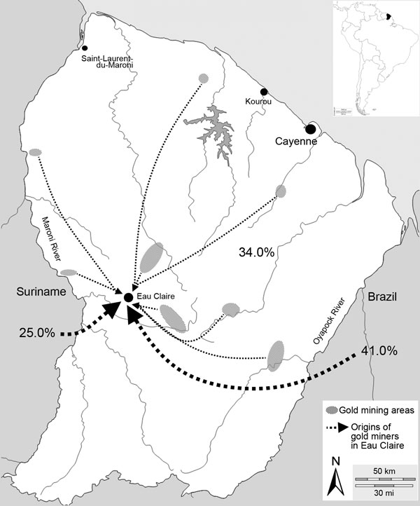 Origins of gold miners (N = 205) before they began to work in the illegal gold mining site of Eau Claire, French Guiana. Inset shows location of French Guiana in South America.