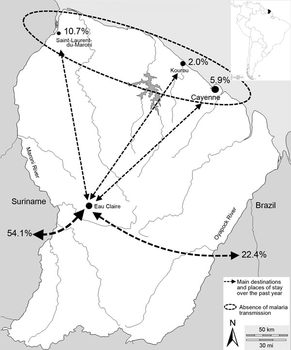 Travels of gold miners (N = 205) living in Eau Claire, French Guiana, 2013–2014. Inset shows location of French Guiana in South America.