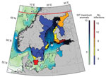Thumbnail of Location of reported Vibrio infections in coastal areas, Sweden and Finland, 2014. The number of infections coupled with the extreme SST anomaly, particularly in northern latitude areas, is particularly noteworthy. SST, sea surface temperature. Red line indicates the location of the Arctic Circle.