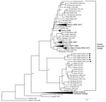 Thumbnail of Phylogenetic tree of the 5 dengue virus type 1 isolates obtained from dengue case-patients in southern Texas, 2013. Maximum clade credibility tree inferred from 90 envelope glycoprotein gene sequences: 5 from Texas in 2013 (solid circles), and 85 from GenBank. BEAST version 1.8.2 (http://beast.bio.ed.ac.uk/) was used with strict molecular clock constant population size and 10 million Markov chain Monte Carlo iterations; effective sample size &gt;200. Posterior probabilities &gt;0.50