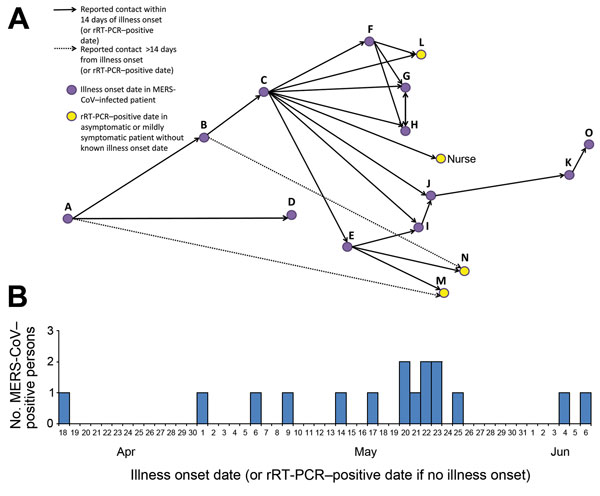 Reported contact among family members who received a MERS–CoV diagnosis, Al-Qouz, Saudi Arabia, 2014. Patients L, M, and N, as well as the infected nurse, reported no or mild symptoms and could not identify onset dates; for these 4 persons, the rRT-PCR–positive date is listed. All persons were questioned about ill family members with whom they had close contact during illness. Solid arrows indicate contact between persons within 14 days (MERS–CoV incubation period is &lt;14 days) and indicate a 