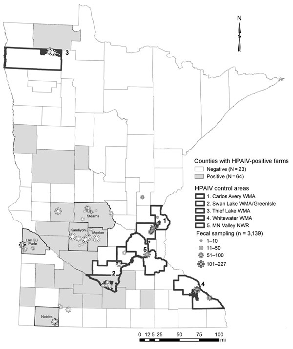 Minnesota collection sites for waterfowl feces sampled for highly pathogenic avian influenza virus (HPAIV) in spring 2015 (N = 3,139). Although HPAIV was confirmed in a Nicollet County poultry facility on May 5, 2015, our sampling occurred during April 22–April 27, 2015, and we consider this a control area (control no. 2). WMA, wildlife management area; NWR, national wildlife refuge.