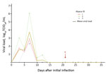 Thumbnail of Virus shedding of MERS-CoV from 3 infected alpacas as detected from the deep nasal swab samples by day after initial infection and reinfection. Viral load was estimated from real-time cycle threshold values and a calibration experiment. Arrow indicates day 21, when the animals were reinfected with MERS-CoV. MERS-COV, Middle East respiratory syndrome coronavirus; TCID, tissue culture infective dose.