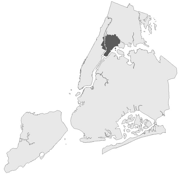 Automated output from spatiotemporal analysis on July 17, 2015, indicating a cluster (dark gray) of 8 legionellosis cases over 8 days centered in the South Bronx, New York City, New York, USA. In subsequent days, this cluster expanded in space and time into the second largest US outbreak of community-acquired legionellosis.