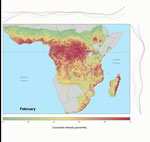 Thumbnail of Seasonal spatiotemporal dynamics of Ebola virus spillover intensity (i.e., average density or expected number of points per unit area and month) as percentile values ranking predicted intensities at all grid cell locations within the region of Africa where annual rainfall was &gt;500 mm for all months from January 1983 through December 2014. Lines at top and right depict the marginal intensity by month to indicate where (latitudinally and longitudinally) intensity is most dynamic. D