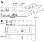 Thumbnail of Locations of Middle East respiratory syndrome case-patients in hospitals A and B, Daejeon, South Korea, 2015, showing where case-patients were exposed to presumed infectors. Not shown are case-patient 143, an engineer working in hospital A, because the location of his exposure is unclear; case-patient 45, a family caregiver in either the emergency department or room 1015; and case-patient 148, a nurse in the intensive care unit.